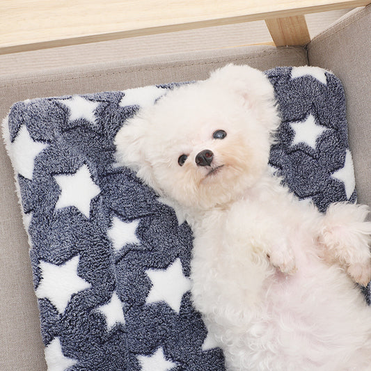 Coffee-colored plush dog blanket with paw prints.
Gray plush dog blanket featuring a cute bear design.
Light blue plush dog blanket with star patterns.
Navy blue plush dog blanket with owl designs.
Pink plush dog blanket with polar bear patterns.
Red plush dog blanket with geometric designs.