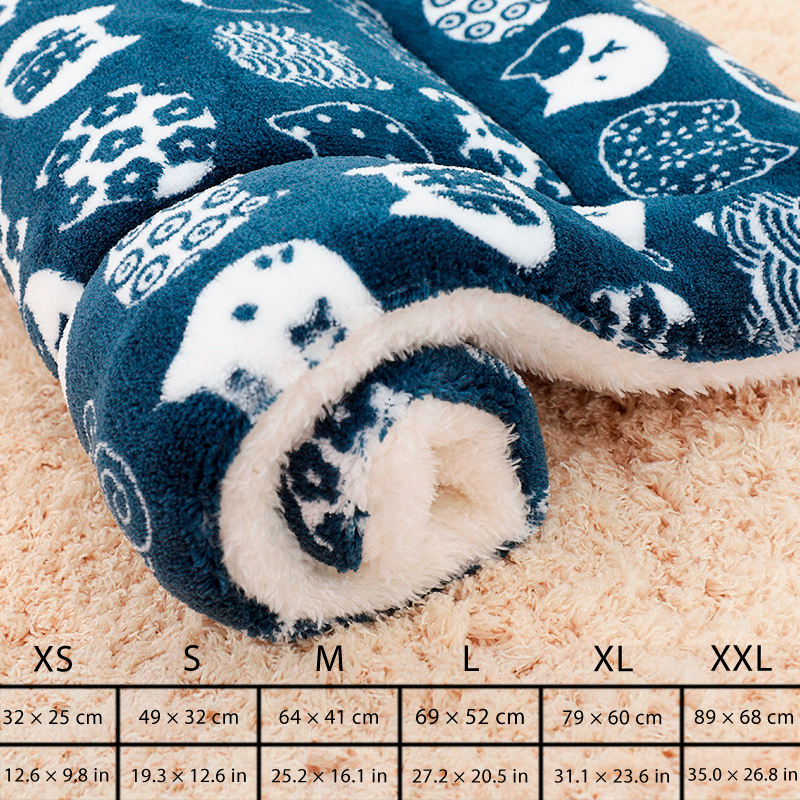 Coffee-colored plush dog blanket with paw prints.
Gray plush dog blanket featuring a cute bear design.
Light blue plush dog blanket with star patterns.
Navy blue plush dog blanket with owl designs.
Pink plush dog blanket with polar bear patterns.
Red plush dog blanket with geometric designs.