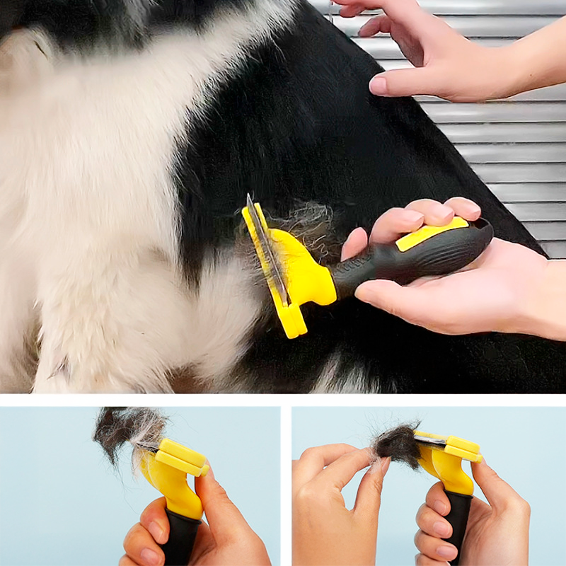 Furminator grooming tool with ergonomic handle
Close-up of Furminator's stainless steel deShedding edge
Pet owner using Furminator on a dog's coat
Before and after images showing reduced shedding with Furminator